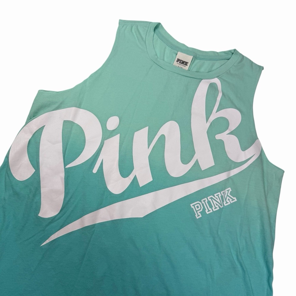 Victoria's Secret PINK Ombré Teal And Blue Tank Top Screen Print Logo Large 2015 - Picture 2 of 5